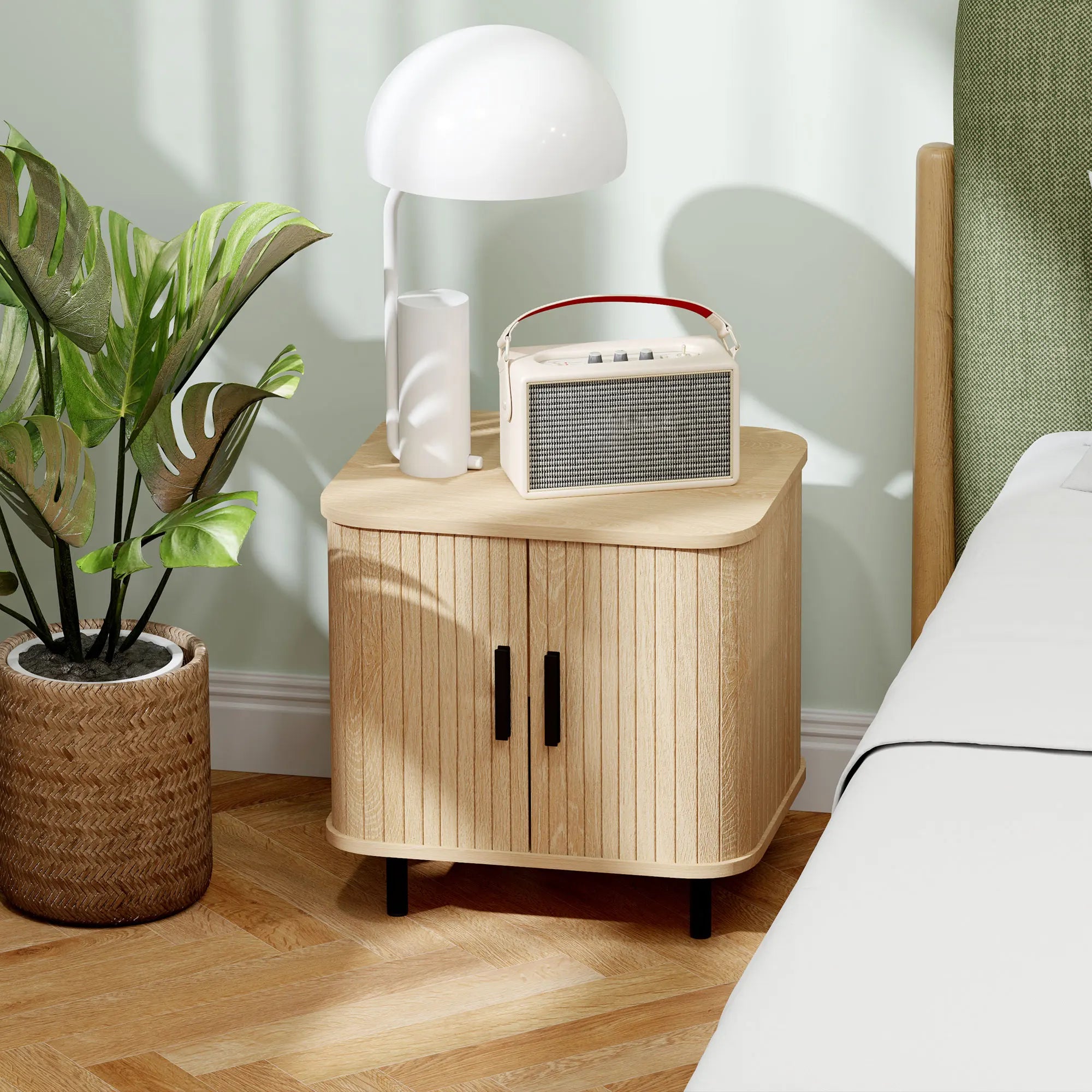 Bedside Table Nightstand with Roller Shutter Sliding Door Metal Legs 48x40x48cm Oak Tone and Black