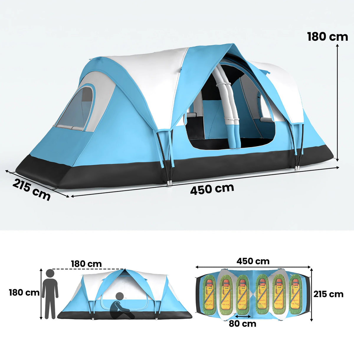2 Room Tunnel Camping Tent with Removable Divider and 2000mm Rainfly, Sky Blue