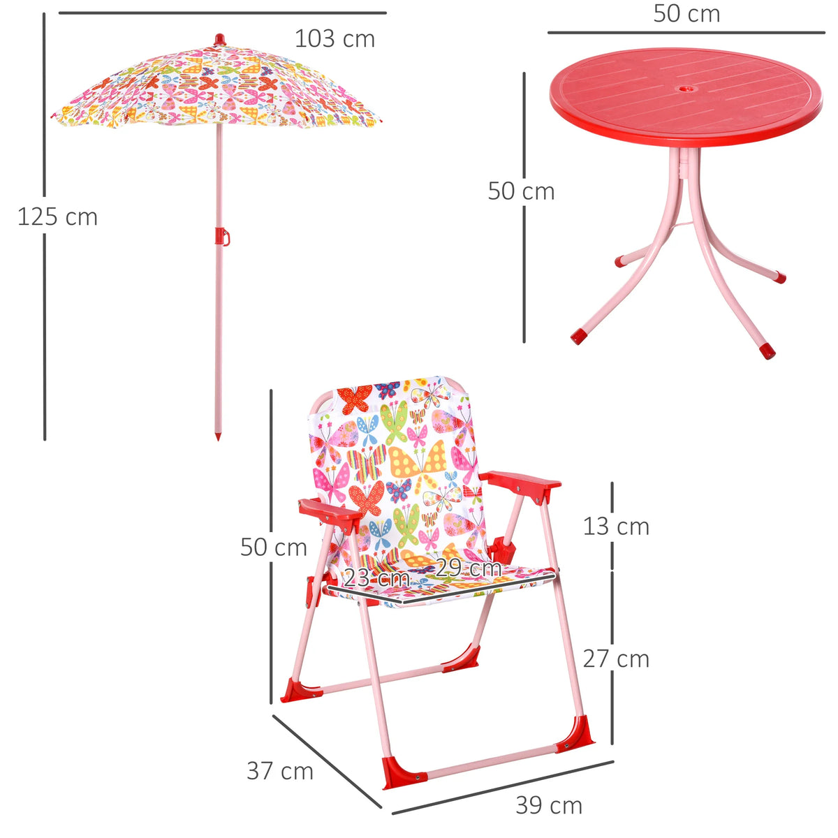 Kids Folding Picnic Table and Chair Set with Parasol Butterfly Pattern 2 Deck Chairs Metal Frame