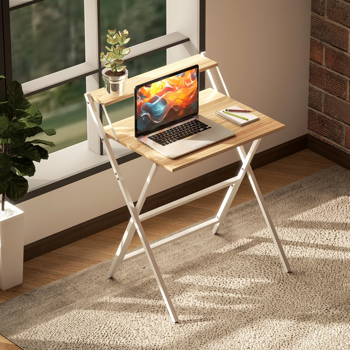 Small Folding Computer Desk with Monitor Shelf, 70cm, Natural and White
