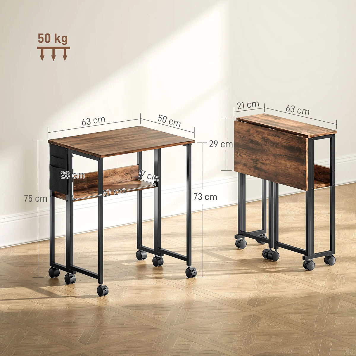 63cm Foldable Computer Desk on Wheels for Small Spaces, Rustic Brown