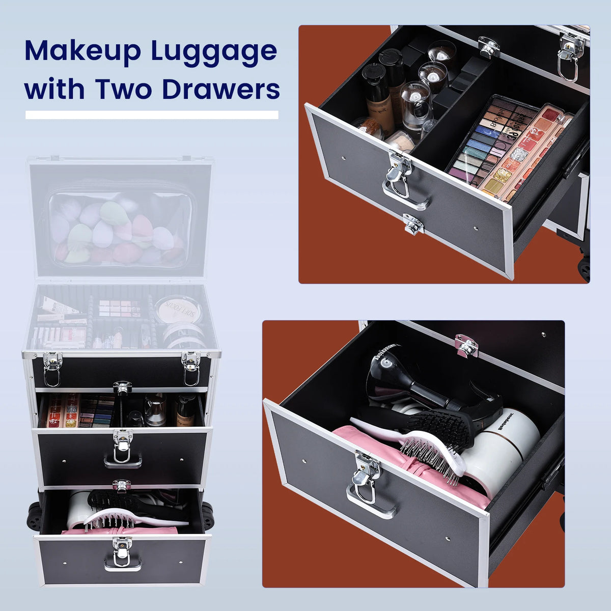 Professional Rolling Makeup Trolley Case with Locks and Drawers 36-55L PVC Cosmetics Storage Organiser
