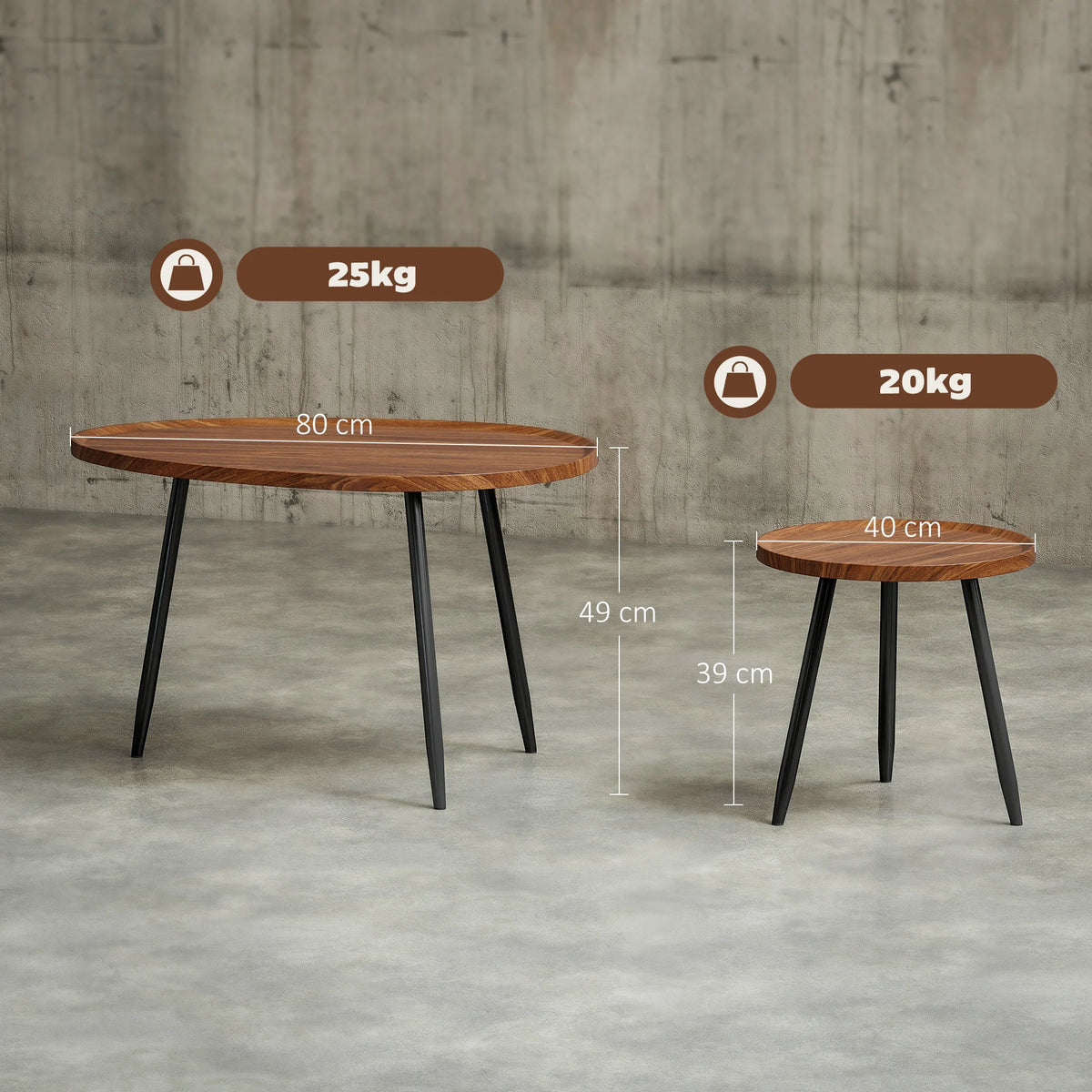 80cm Sofa Side Table Set of 2 with Metal Legs, Chestnut Wood Effect