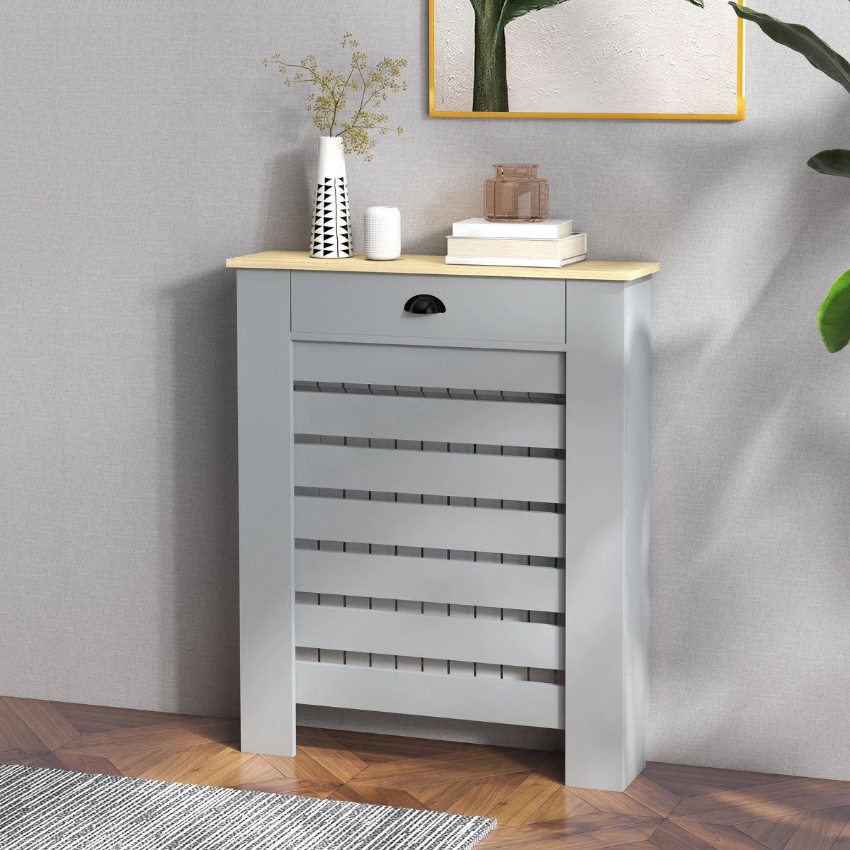 Slatted Radiator Cover with Drawer, 78cm, Grey
