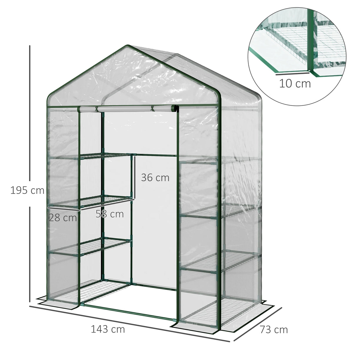Walk In Greenhouse with 8 Grid Metal Rack Clear PVC Film Cover Steel Pipe Frame Transparent Grow House