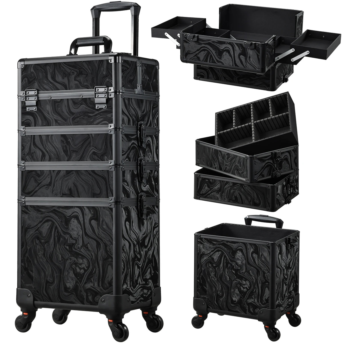 4 in 1 Rolling Makeup Train Case on Wheels with 4 Trays 36-55L PVC Cosmetology Trolley for Nails and Tattoo