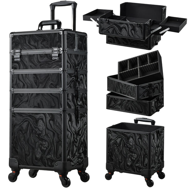 4 in 1 Rolling Makeup Train Case on Wheels with 4 Trays 36-55L PVC Cosmetology Trolley for Nails and Tattoo