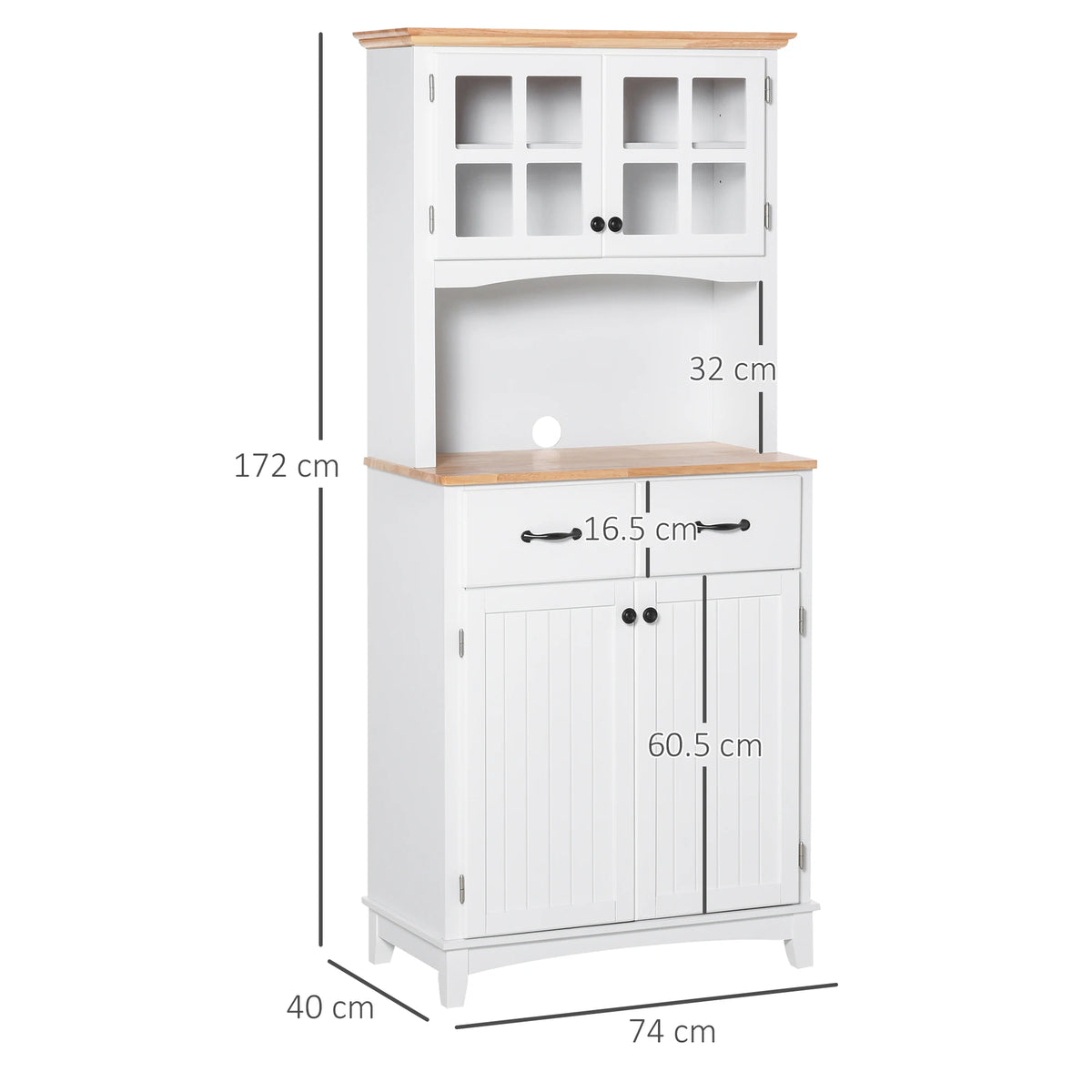 Kitchen Storage Cabinet with Glass Door and Microwave Counter, 74 x 40 x 172 cm, White