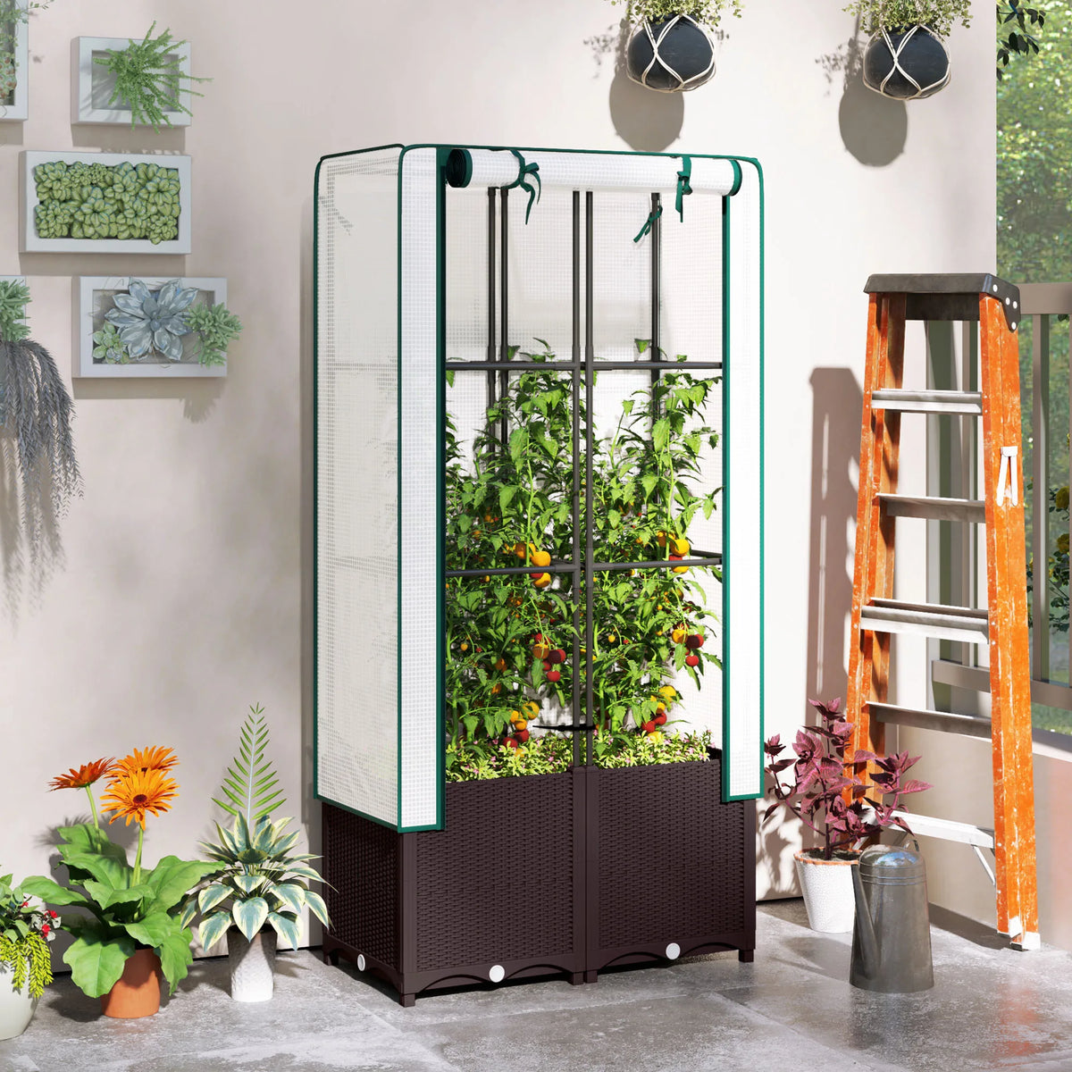 Plastic Raised Garden Planter with Trellis and Cover, Drainage Holes, 80 x 40 x 140 cm