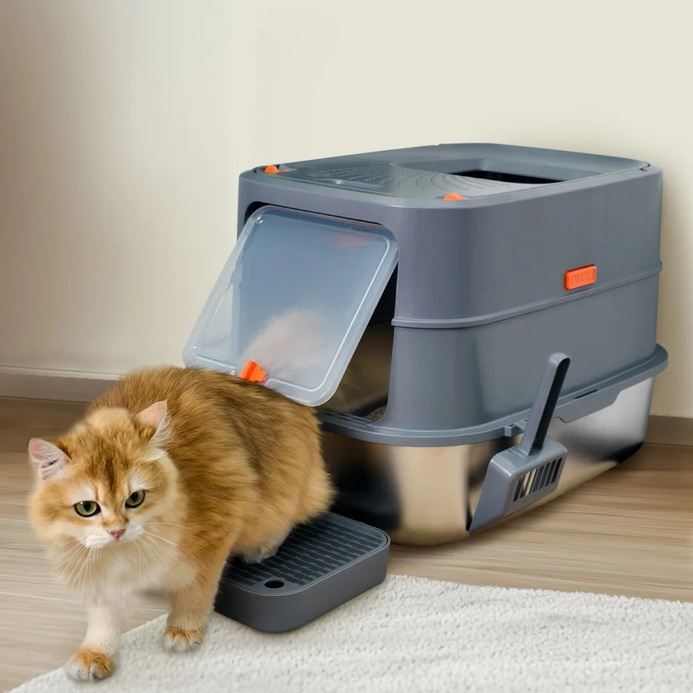 XL Stainless Steel Cat Litter Box, Fully Enclosed High Sided Tray