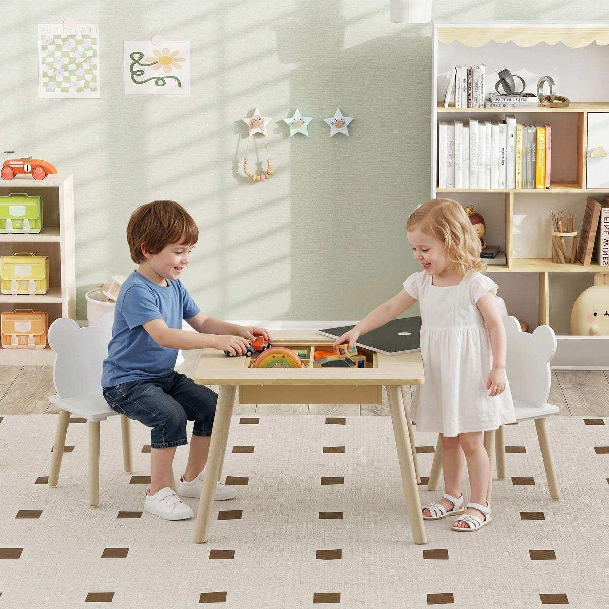 3 Piece Toddler Table and Chairs Set with 3 in 1 Flip Top Storage Grids and Bear Shaped Chairs 60x60x44cm