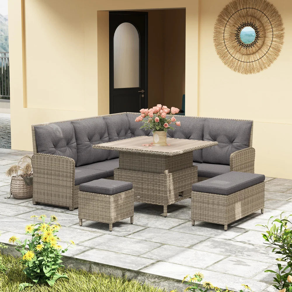 6 Piece PE Rattan Corner Sofa Set with Lifting Coffee Table, Light Grey