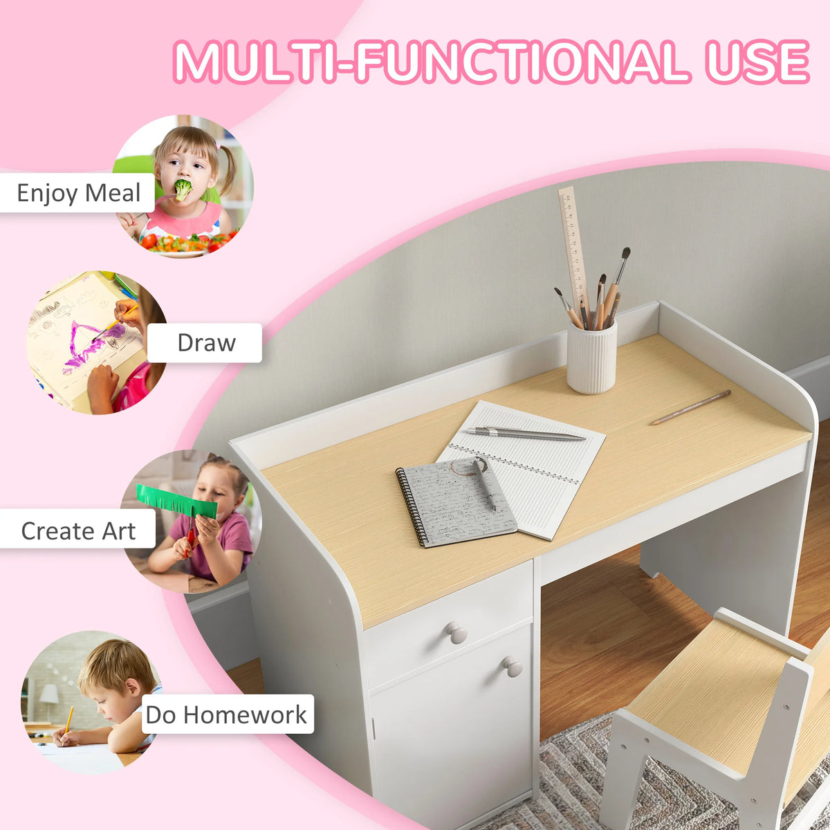 Kids Desk and Chair Set 80x39x59cm with Storage Drawer and Compartment MDF Rounded Edges Ages 3-6 White