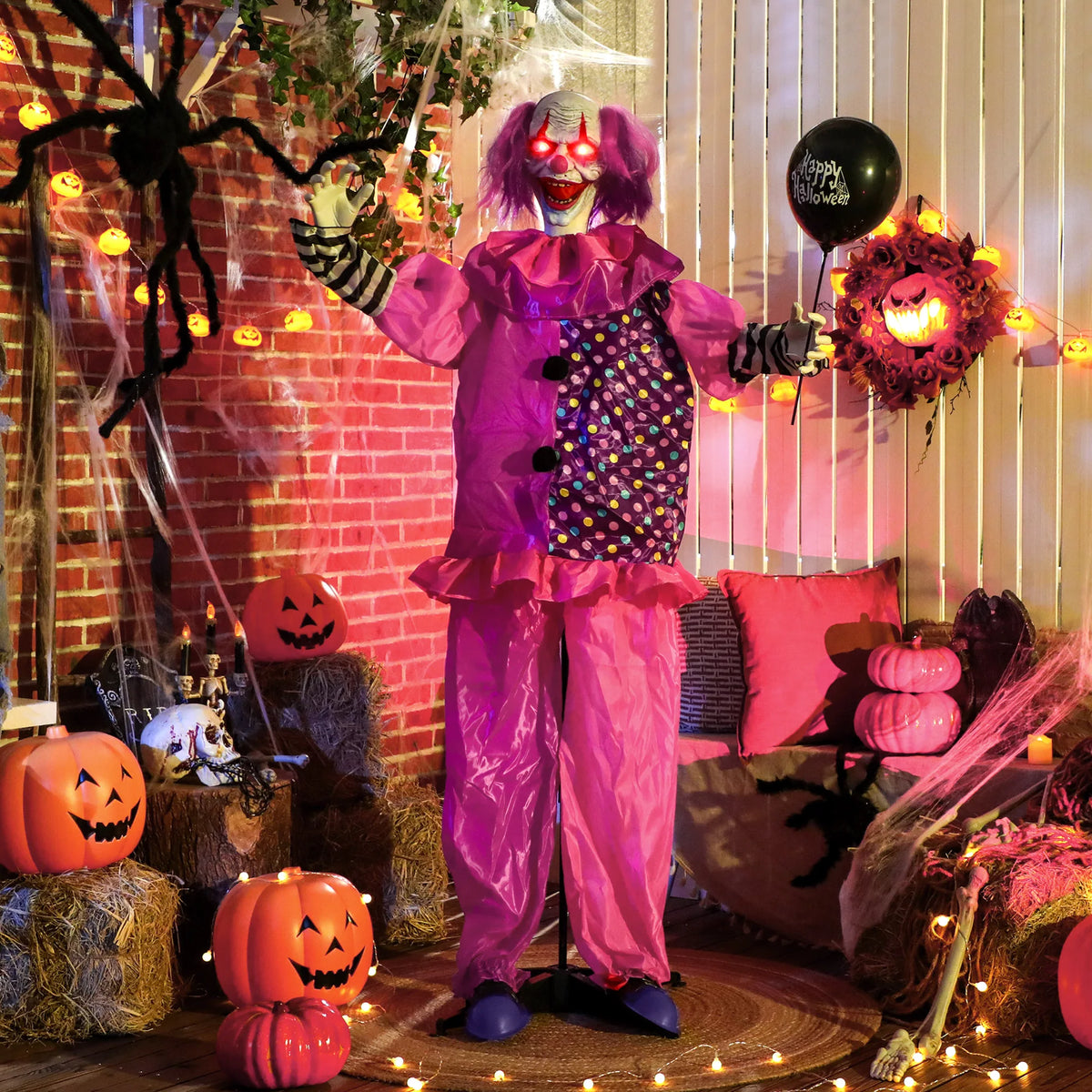 Steel framed Halloween clown decoration at full height