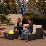 5-Piece Rattan Garden Sofa Set with Fire Pit Coffee Table, Footstool and Thick Cushions