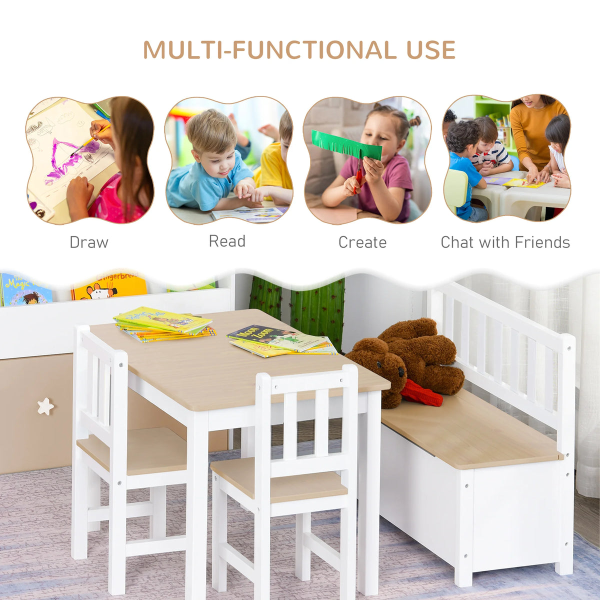 4-Piece Kids Table and Chair Set with 2 Wooden Chairs, 1 Storage Bench