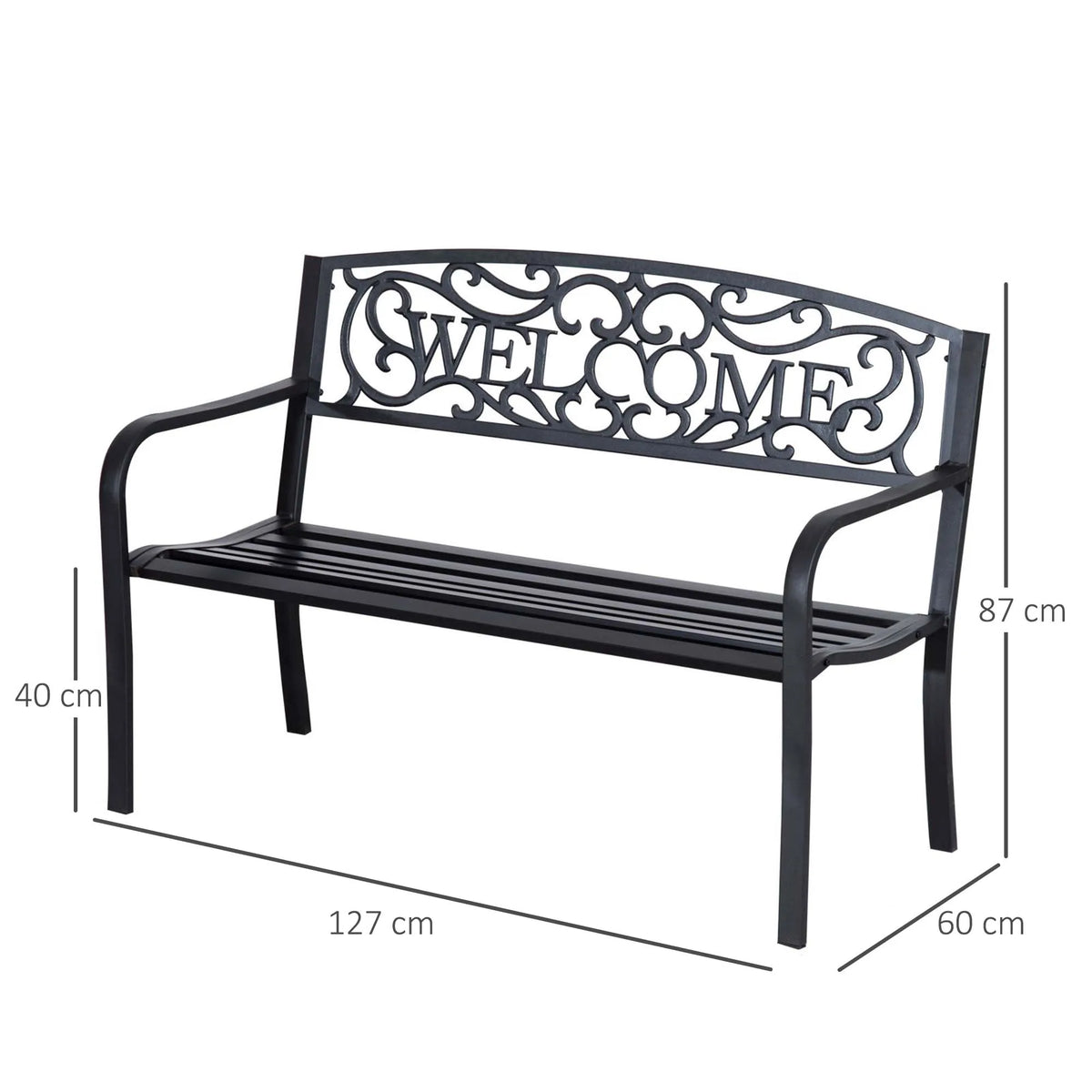 2 Seater Metal Garden Bench with Backrest and Armrests, Black