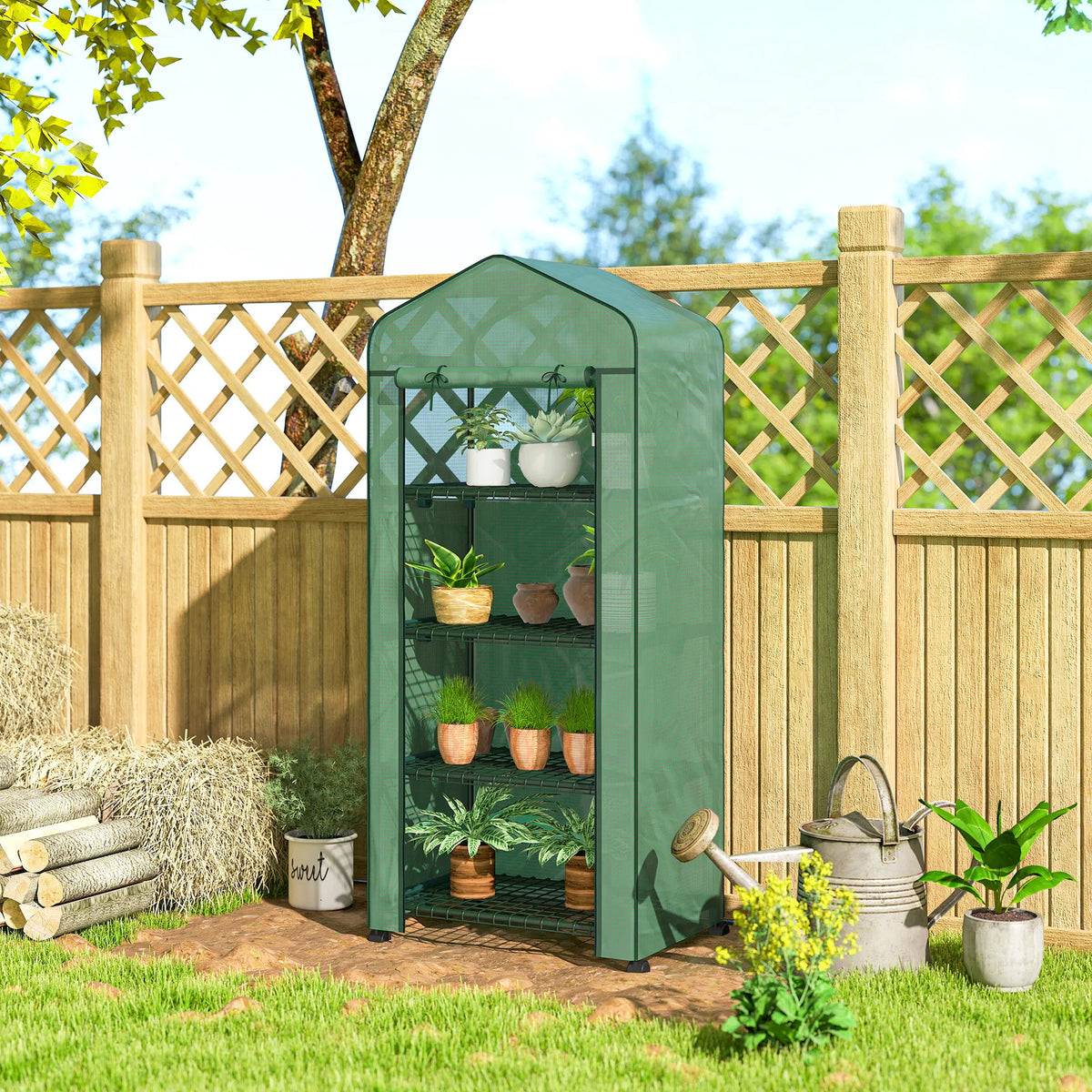 Portable 4-Tier Mini Greenhouse on Lockable Wheels with Clear Cover, Green