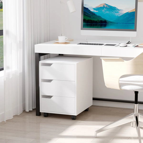 MDF Mobile File Cabinet with 3 Drawers, Locking Wheels, Metal Rails, White