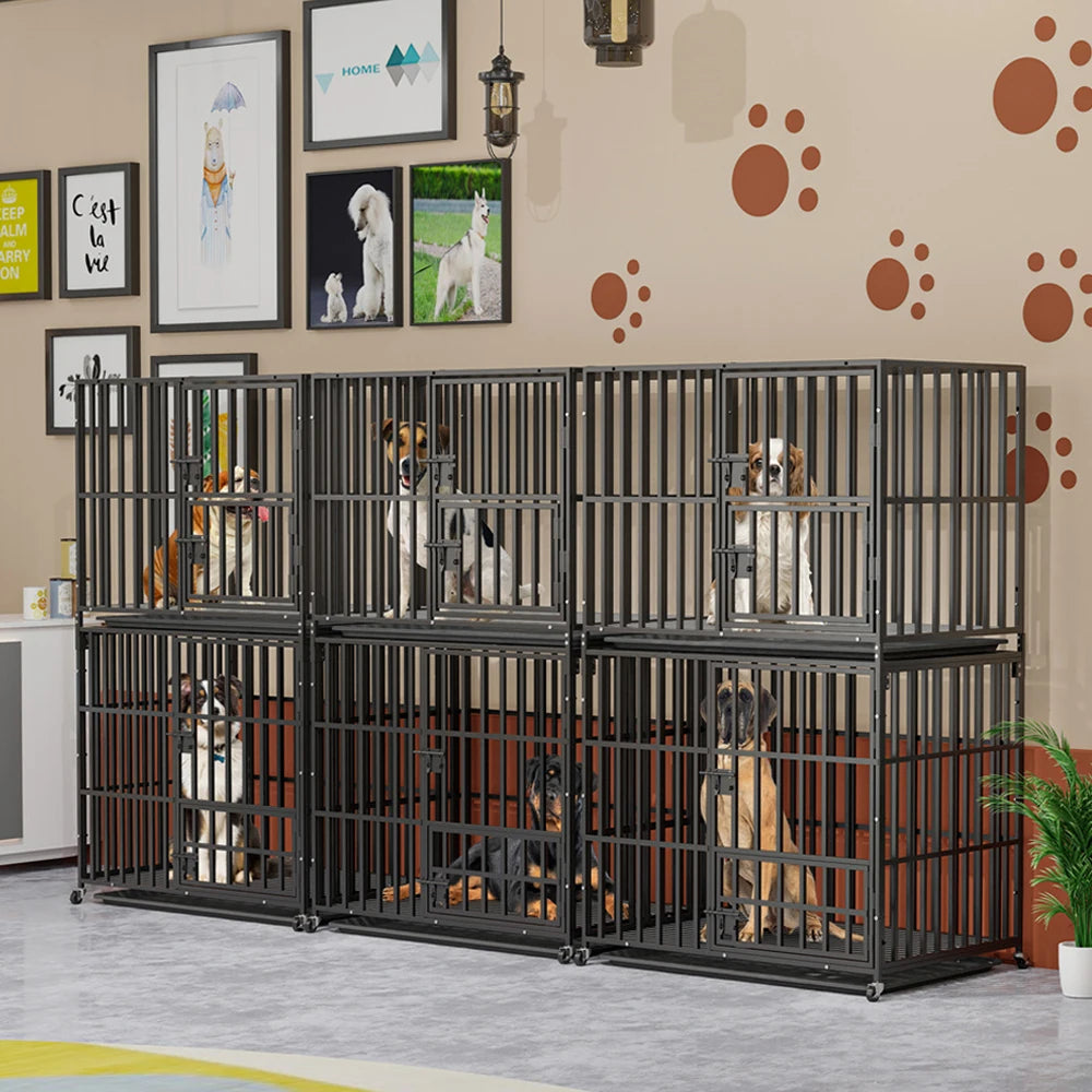 BORWART Oversized Stackable Double Layer Dog Crate 107x77.5x156.5cm Heavy Duty Lockable Wheels for Medium Large Dogs
