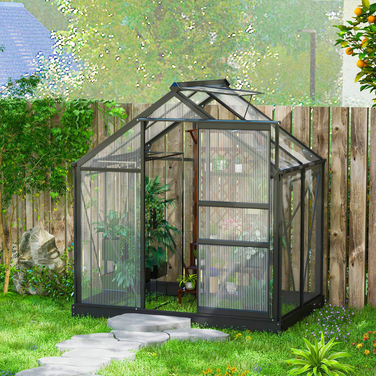 Polycarbonate Walk-in Greenhouse with Aluminium Frame and Sliding Door, 6 x 4ft