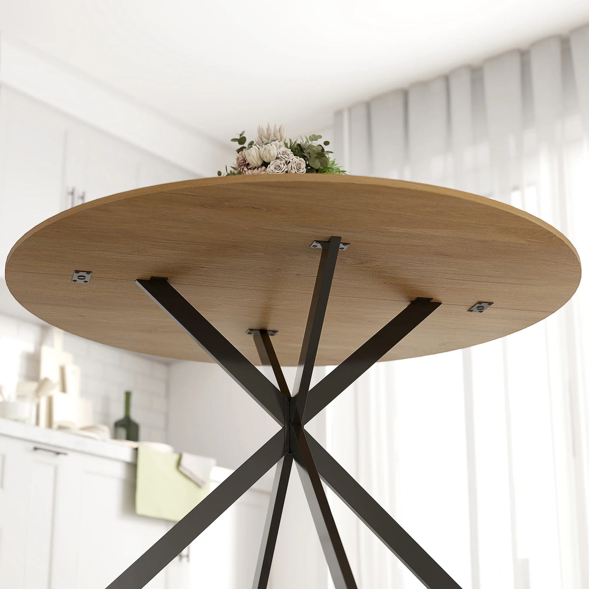 Round Dining Table for 4, 120cm, Oak Effect with Black Steel Legs