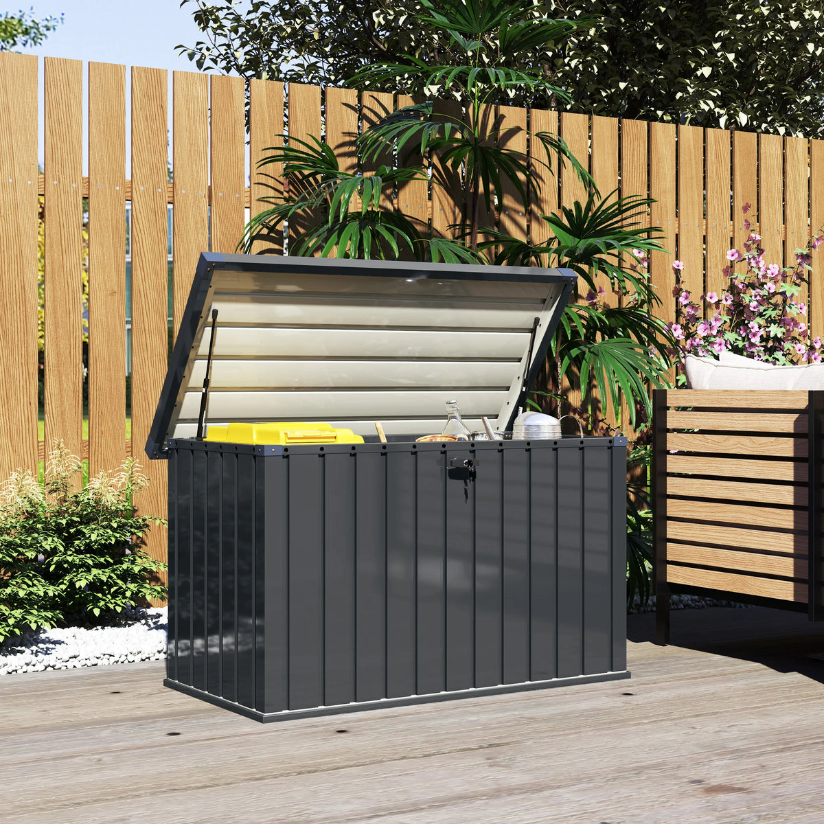 400L Metal Garden Storage Box with Lockable Gas-Lift Lid, Dark Grey