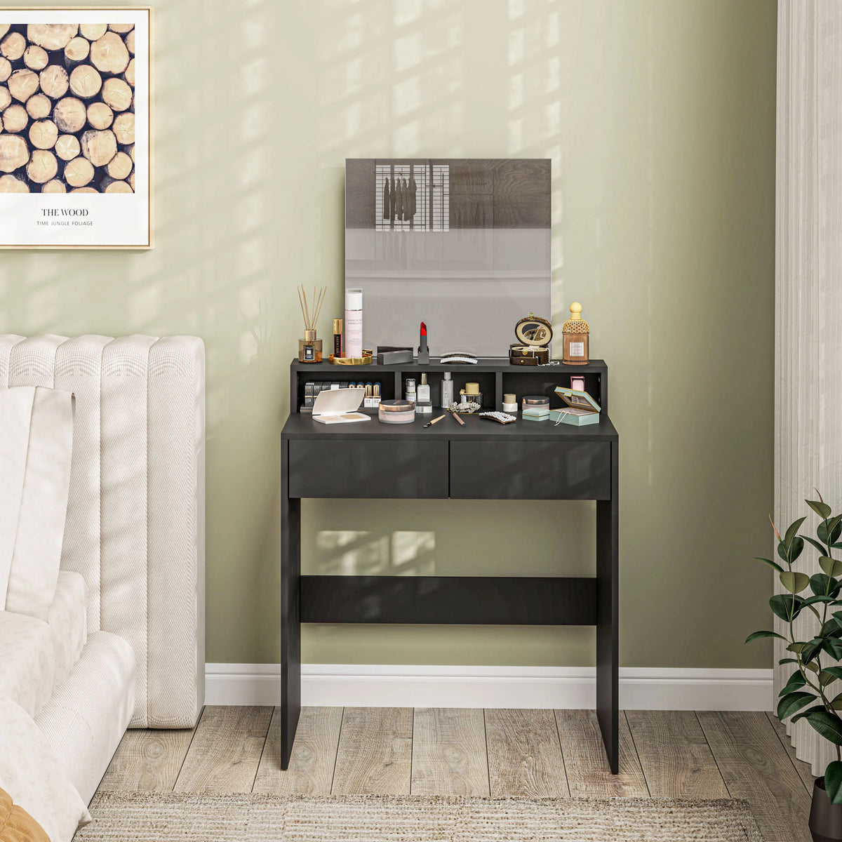 Compact Dressing Table with 49x50cm Copper Free Mirror 3 Shelves 2 Drawers and Anti Tipping Straps Black