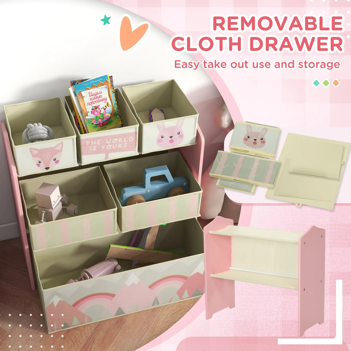 Kids Toy Storage Organiser 63x30x66cm with 6 Fabric Bins MDF Steel Frame for Bedroom and Nursery