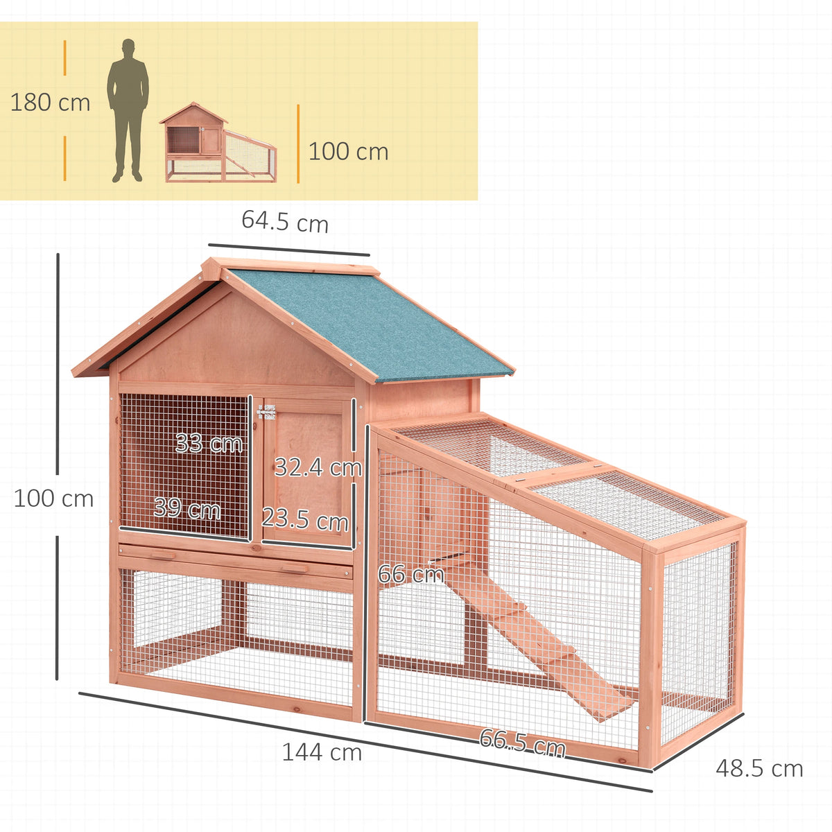 Large Rabbit Hutch with 2 Level House Side Room and Outdoor Run Fir Wood Tilted Asphalt Roof Natural