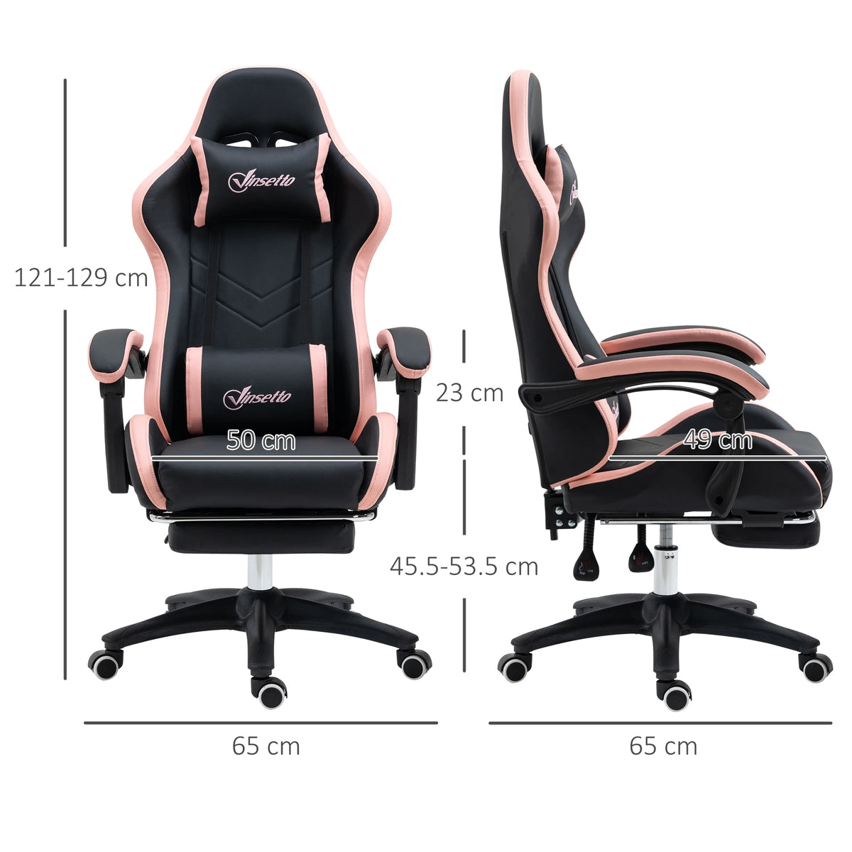 Reclining Racing Gaming Chair with Footrest and Headrest, Faux Leather, Black and Pink