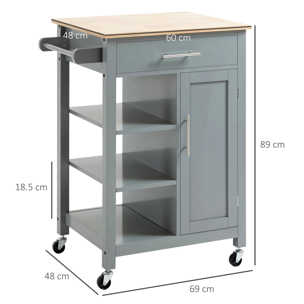 Compact Kitchen Trolley Utility Cart on Wheels with Open Shelf, Grey