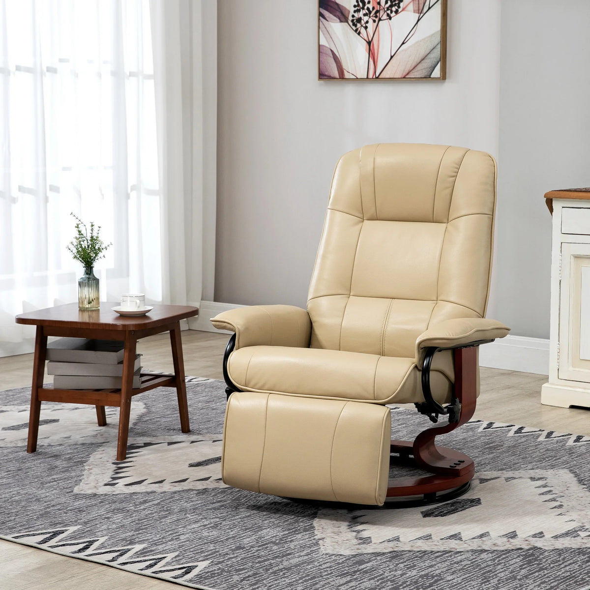 Swivel Recliner Chair with Footrest and Wooden Base, Faux Leather, Cream