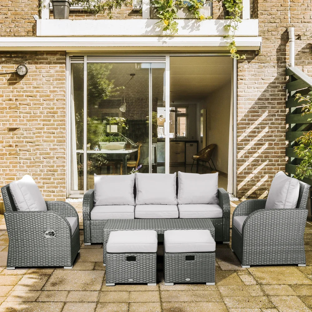 Six-Piece Rattan Dining Set with Reclining Armchairs and Metal Frame, Grey