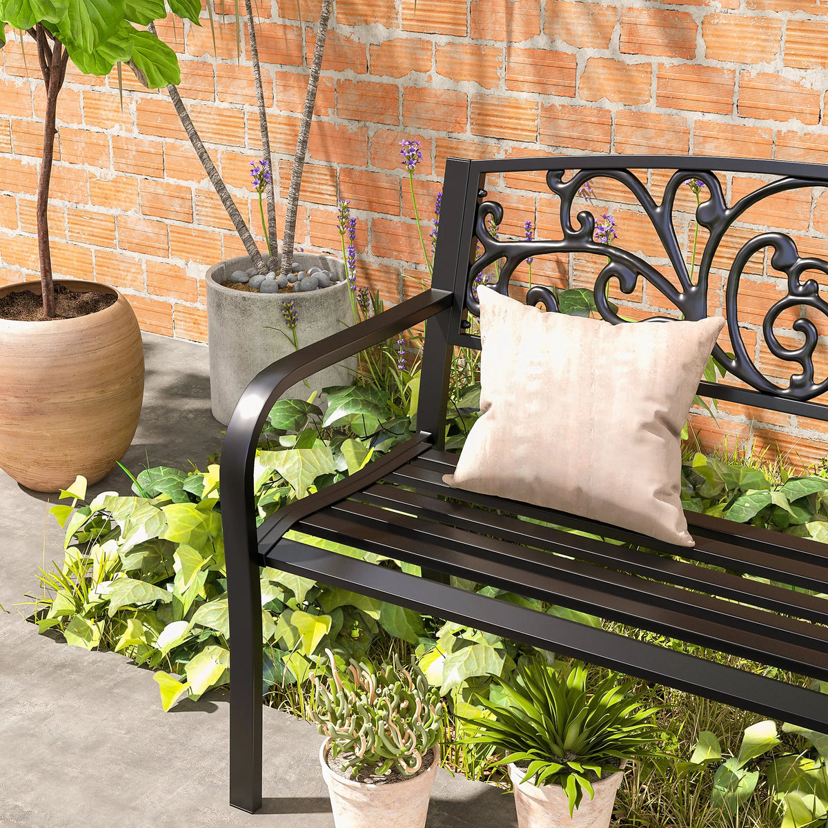 2 Seater Metal Garden Bench with Floral Backrest, Powder Coated Steel, Black