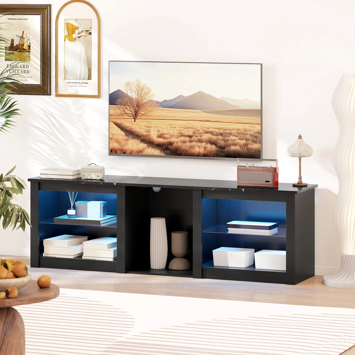 160cm TV Unit with LED Lights and Storage for TVs up to 70 Inch, Black