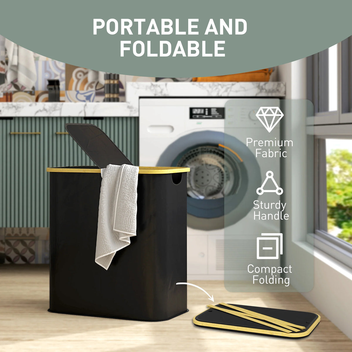 Collapsible Laundry Hamper 80L with 2 Compartments and Lids Bamboo Frame 54x34x58.5cm Black