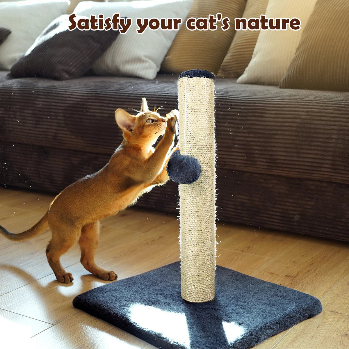 Cat Scratching Post 40cm with Hanging Ball Natural Sisal and Plush Fabric Reinforced Anti Tip Base