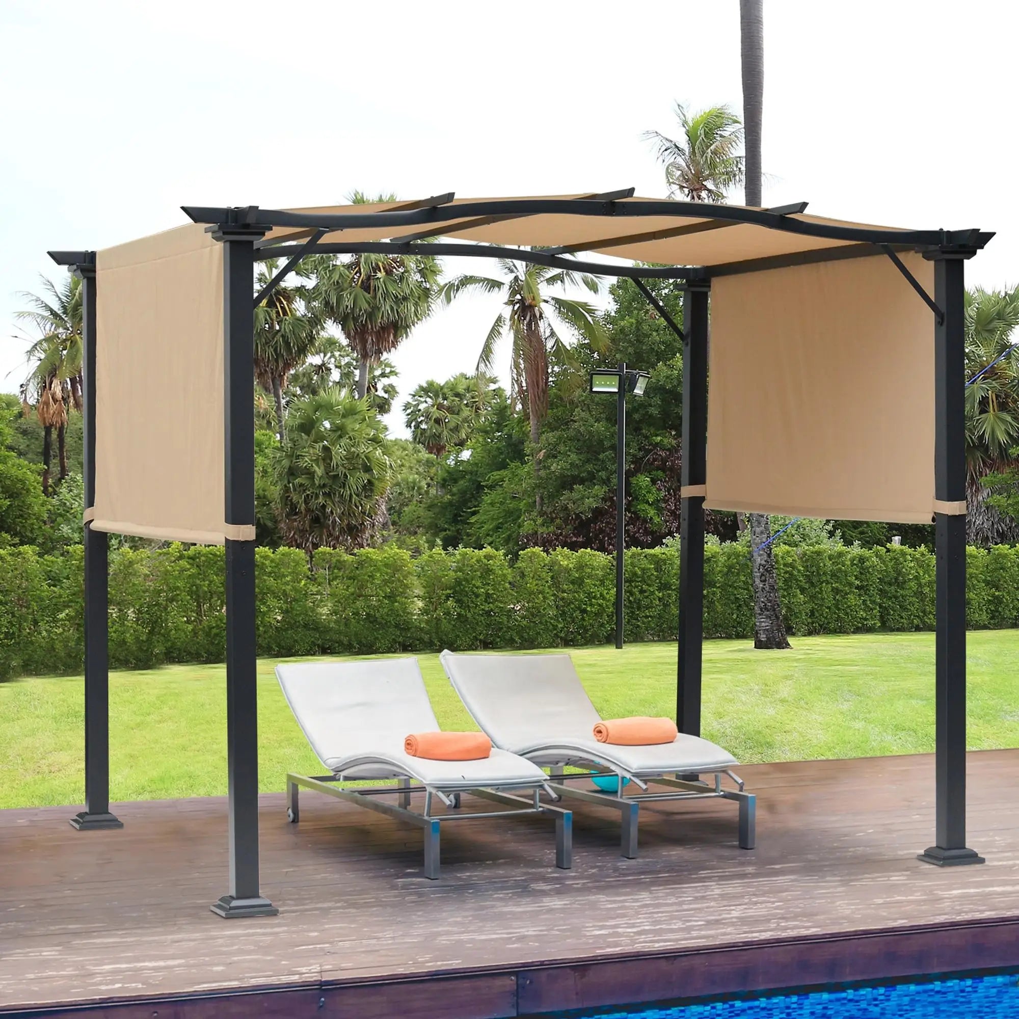 Retractable Pergola with Two Adjustable Side Canopies, UV-Resistant Cover and Powder-Coated Steel Frame