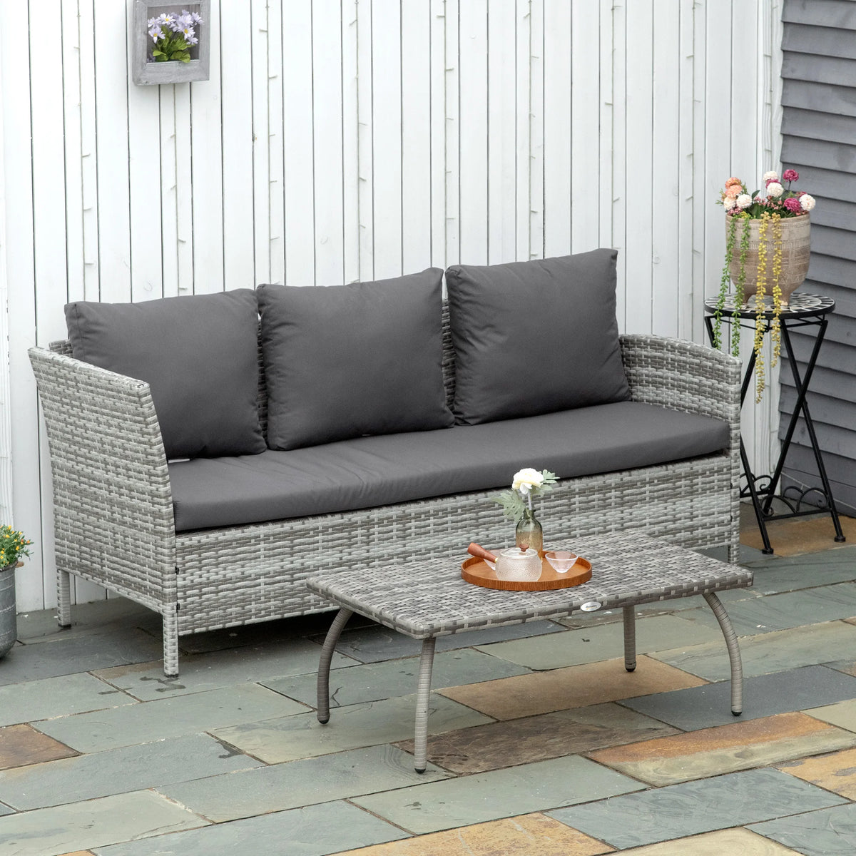 Rattan Coffee Table, All-Weather Wicker Patio Table for Garden, Balcony and Backyard, Grey