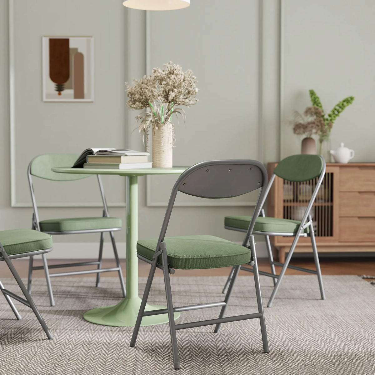 Folding Chairs Set of 4 with Cushioned Seat, Steel Frame, Green