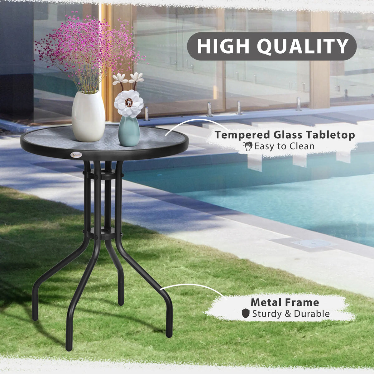 Round Outdoor Bistro Coffee Table with Tempered Glass Top, 60cm Diameter
