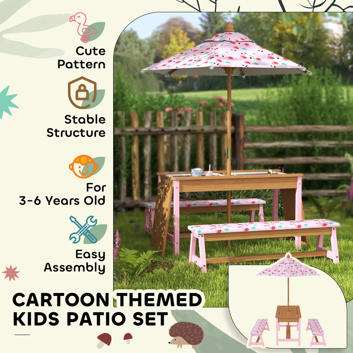 Kids Picnic Table and Bench Set with Umbrella Removable Top Sandbox Storage Boxes Fir Wood Flamingo Pink