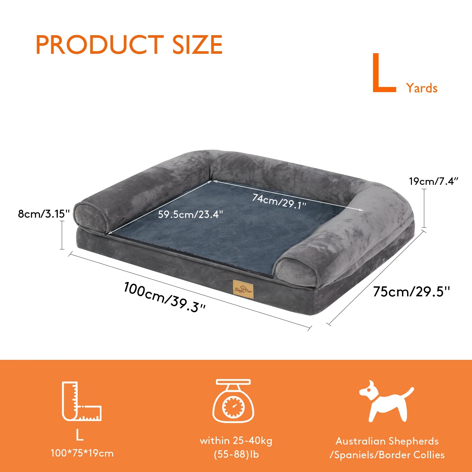 Extra Large Sofa Style Dog Bed with Bolster M-2XL Sizes Waterproof Cover Sponge Foam Base for Big Dogs