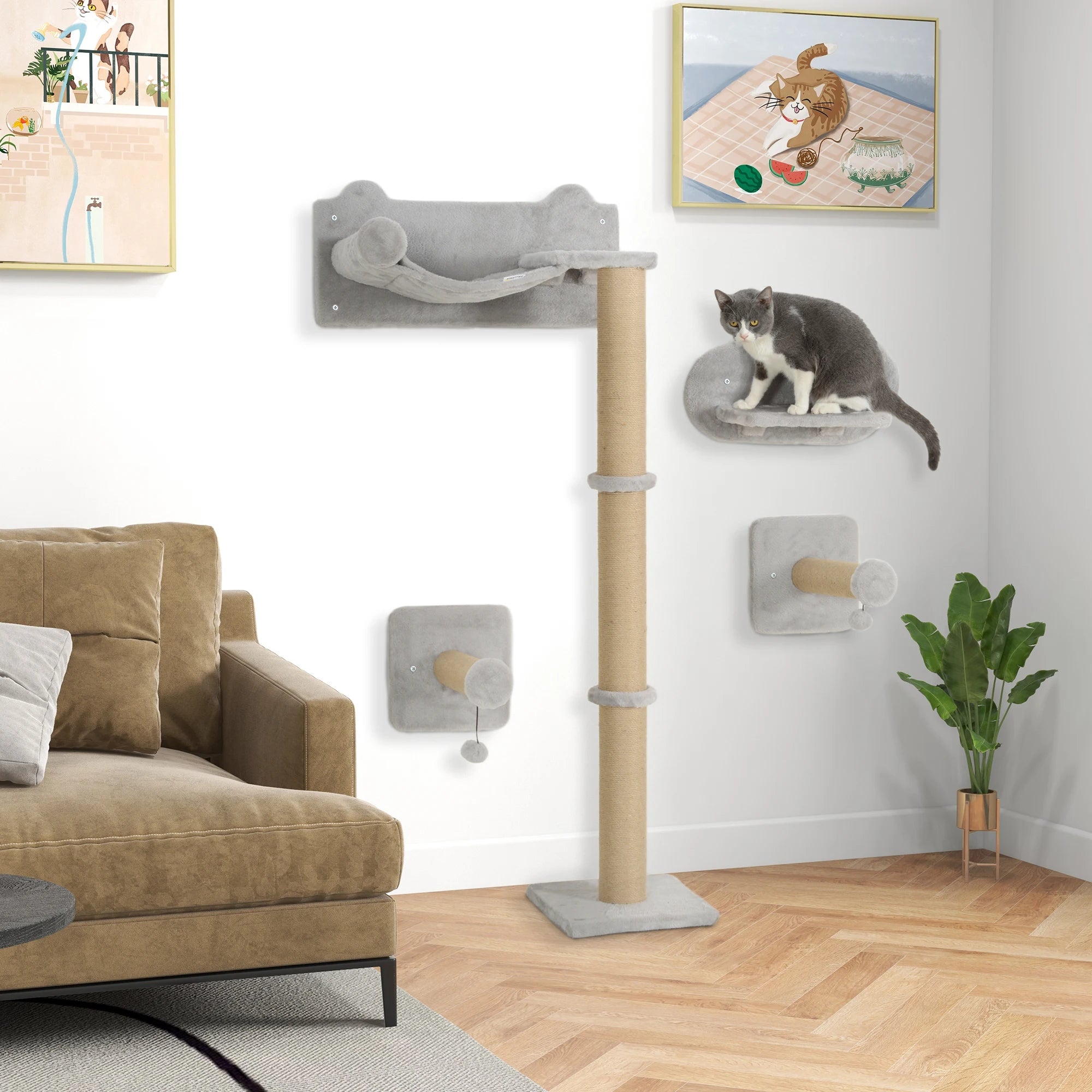 4 Piece Cat Wall Shelves with Scratching Post Steps Cloud Platform Ladder Toy Balls Wall Mounted Light Grey