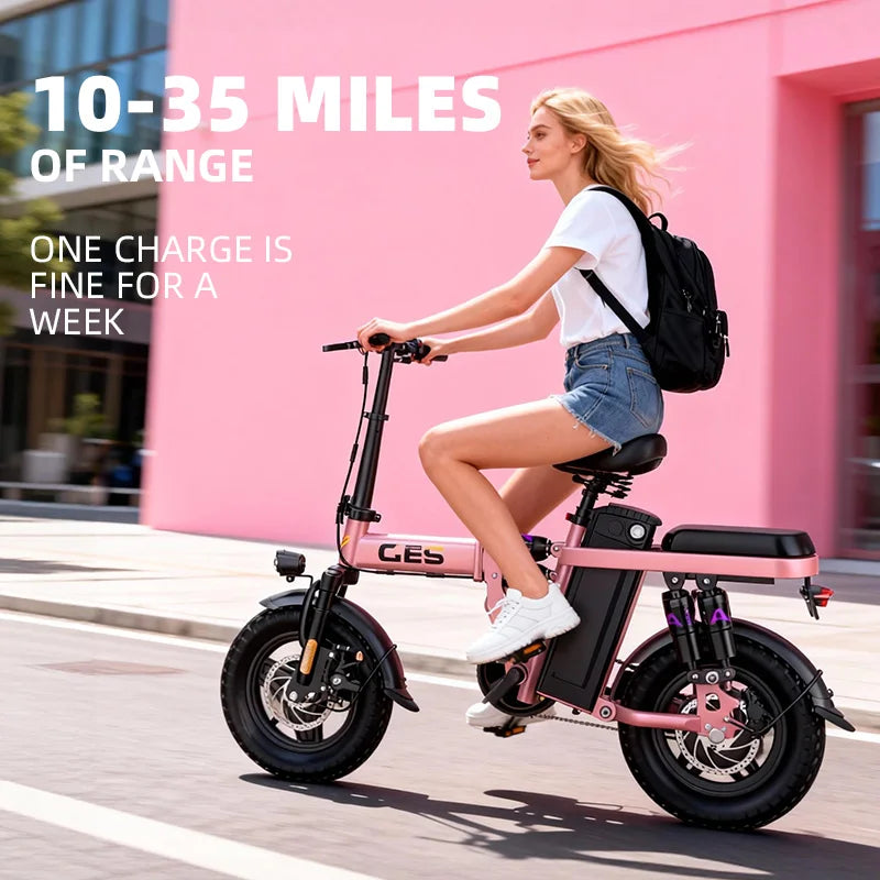 GE5 14 Inch Folding Electric Bike with 250W Motor and 48V Removable Battery, Pink