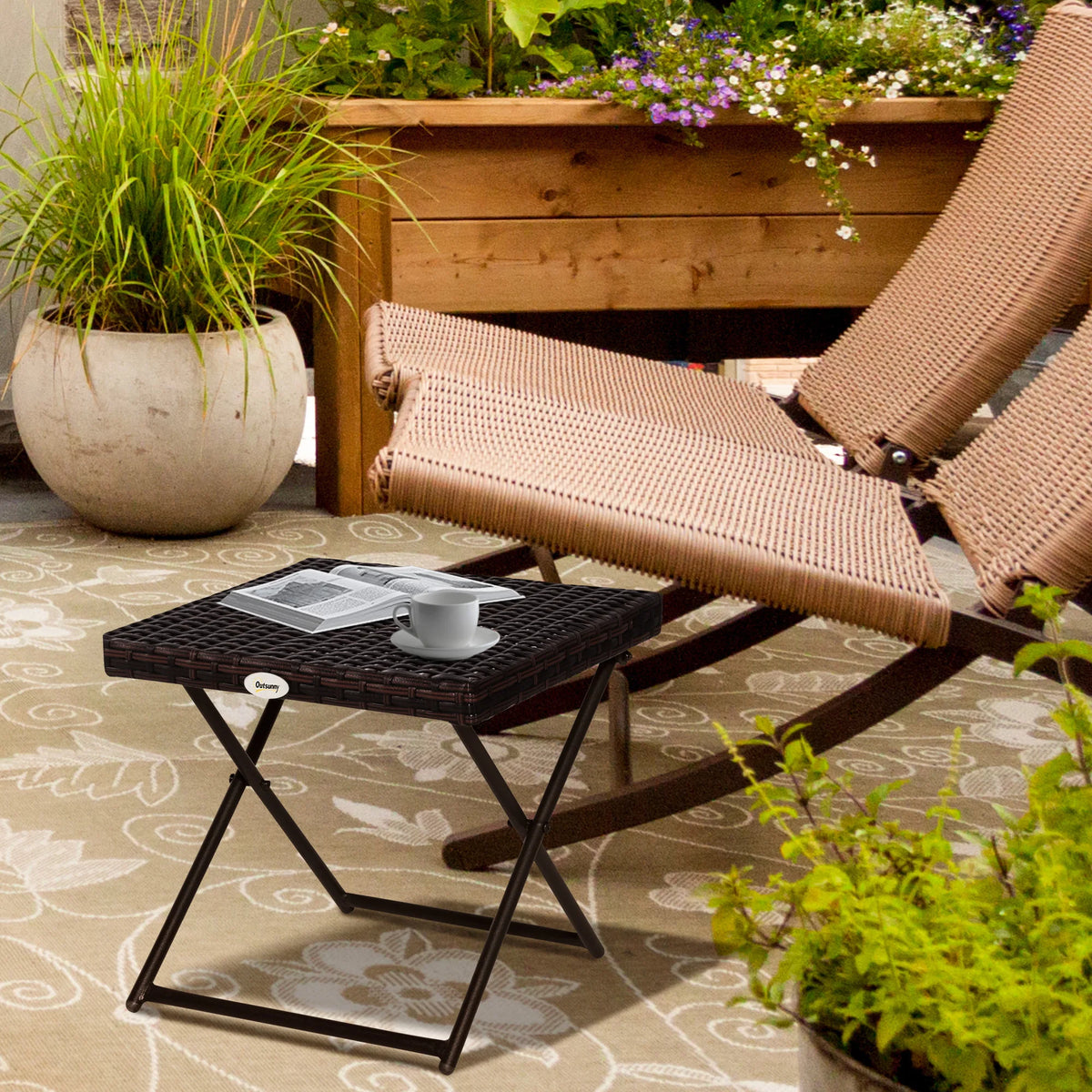Garden Small Folding Square Rattan Coffee Table, Bistro Balcony Outdoor Wicker Side Table, 40H x 40L x 40W cm, Brown