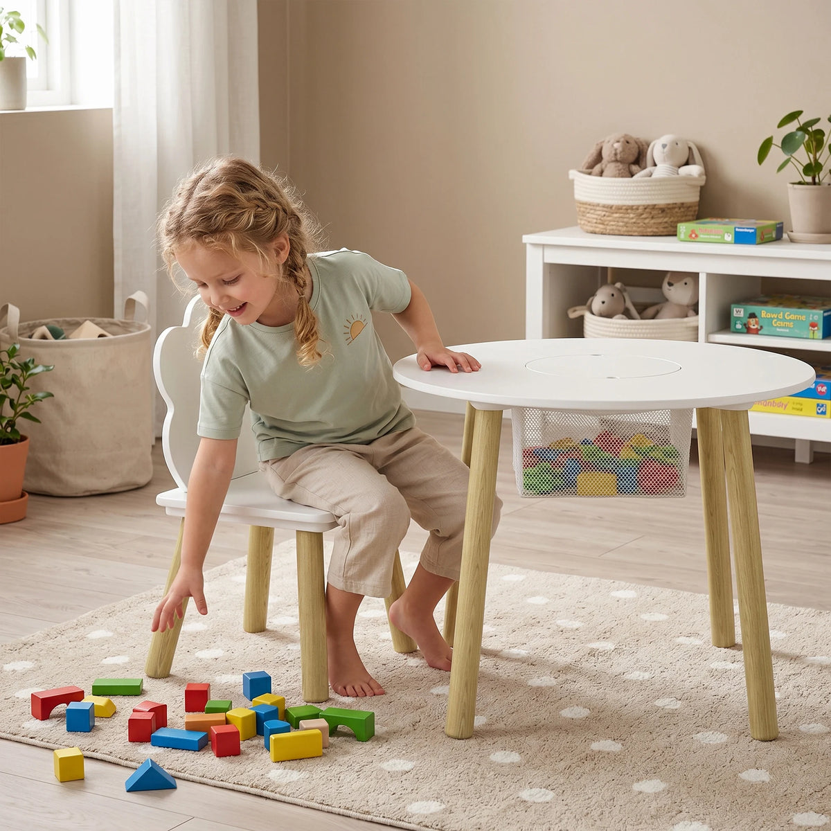 Kids Table and 2 Chairs Set with Storage Mesh Bag, Cloud Design, White