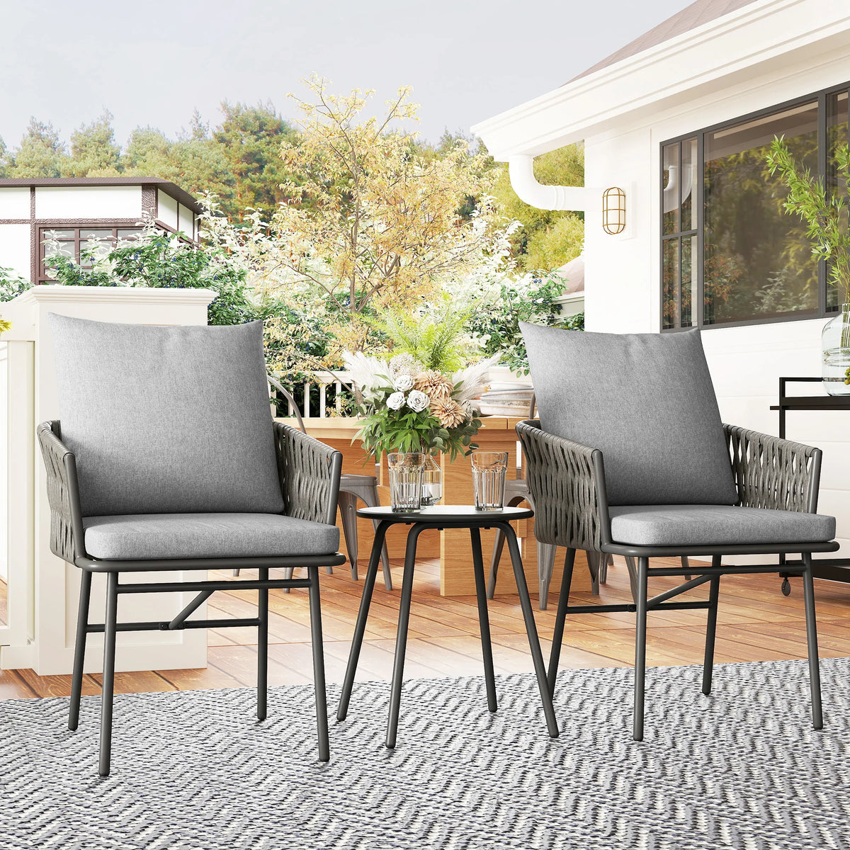 3 Piece Rattan Bistro Set with 4 Cushions, Garden Table and 2 Chairs, Grey