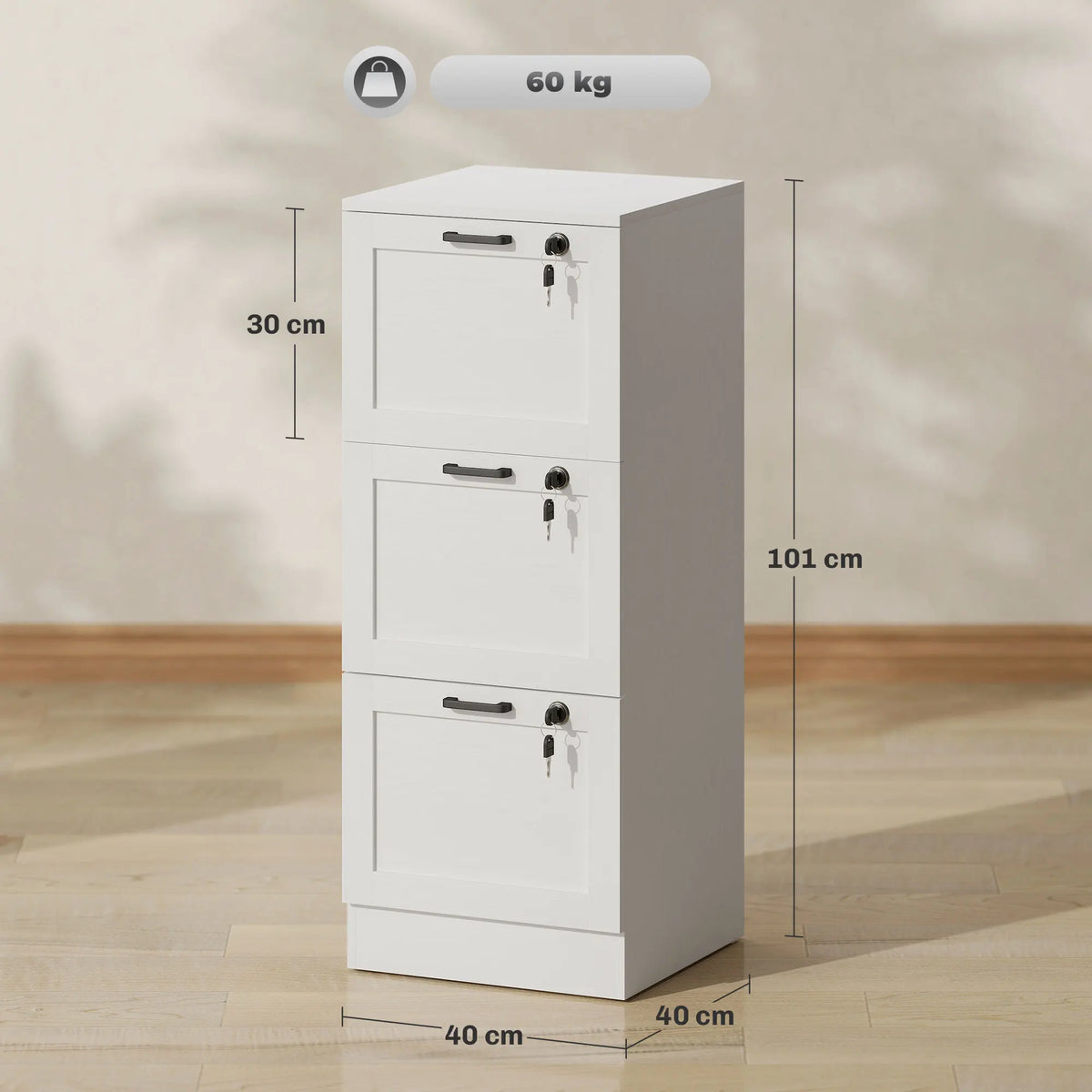 Lockable 3-Drawer Filing Cabinet for A4 and Letter Files, White